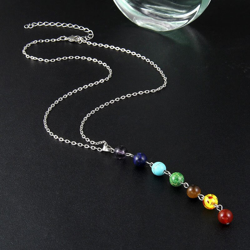 7 Chakra Beads Yoga Reiki Rainbow Round Natural Stone Long Drop pendants Necklace