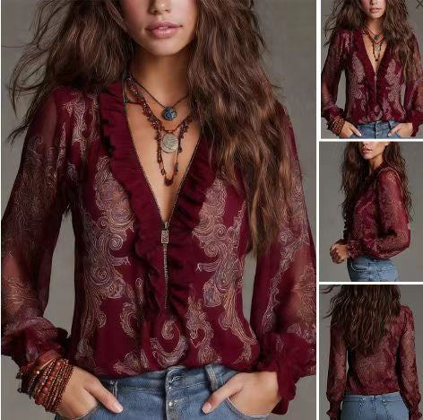 Polyester Chiffon Shirt | Deep Red, Long Sleeve, Casual