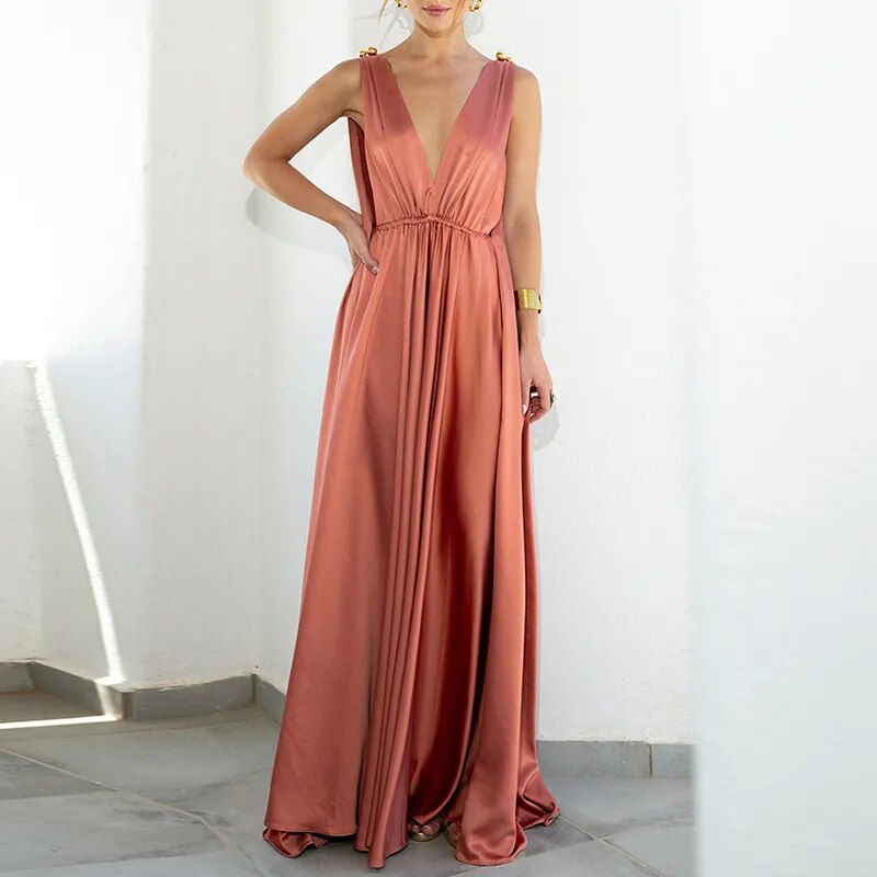 Polyester Maxi Party Dress | V-Neck, Backless, Sleeveless