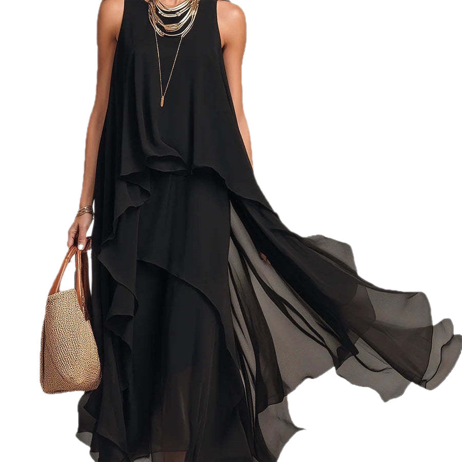 Chic Flowy Black Sleeveless Asymmetrical Chiffon Long Dress