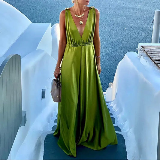 Elegant Ladies Sexy V-Neck Backless Maxi Party Dress Women New Holiday Boho Draped Boho Dress Retro Sleeveless Dress