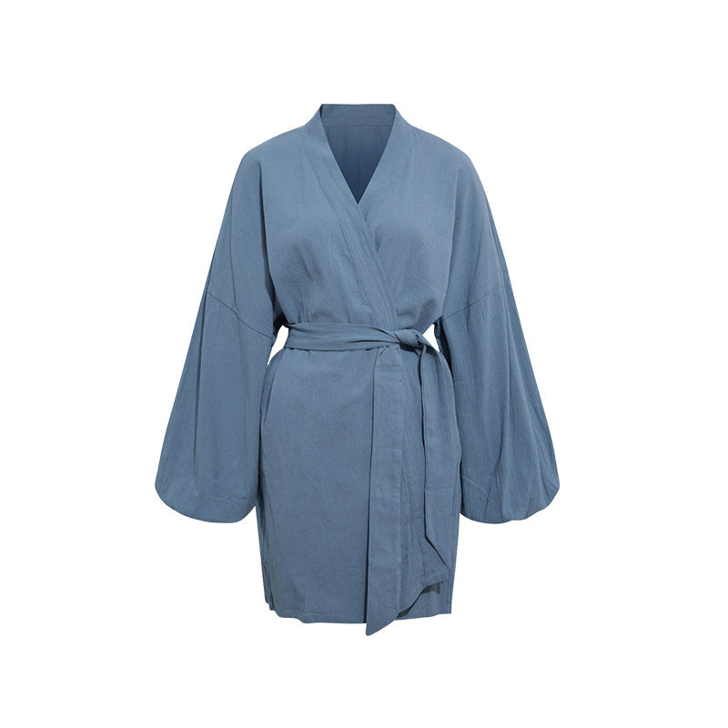 Cotton Bathrobe | Short Length, Off-white & Blue