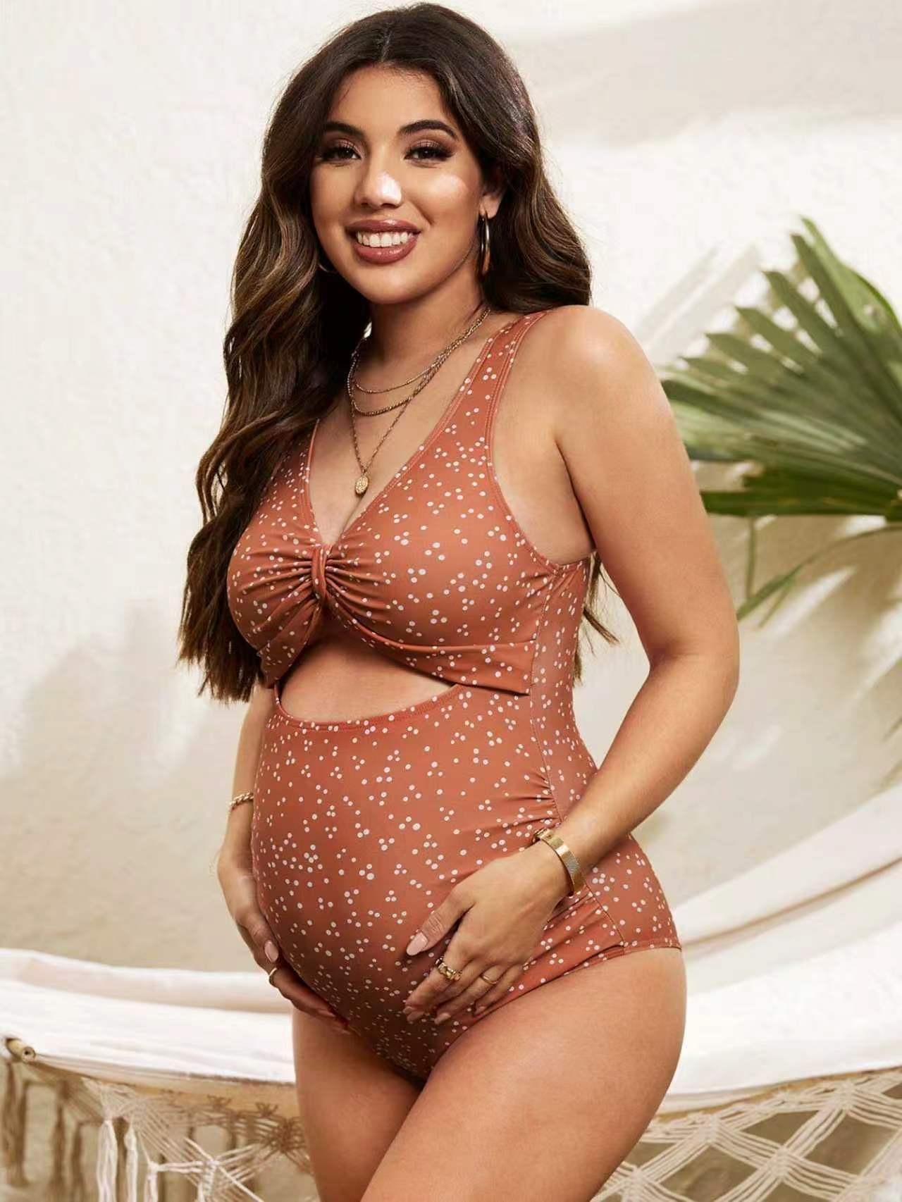 Polyester One-Piece Maternity Swimsuit | Polka Dot, Beige