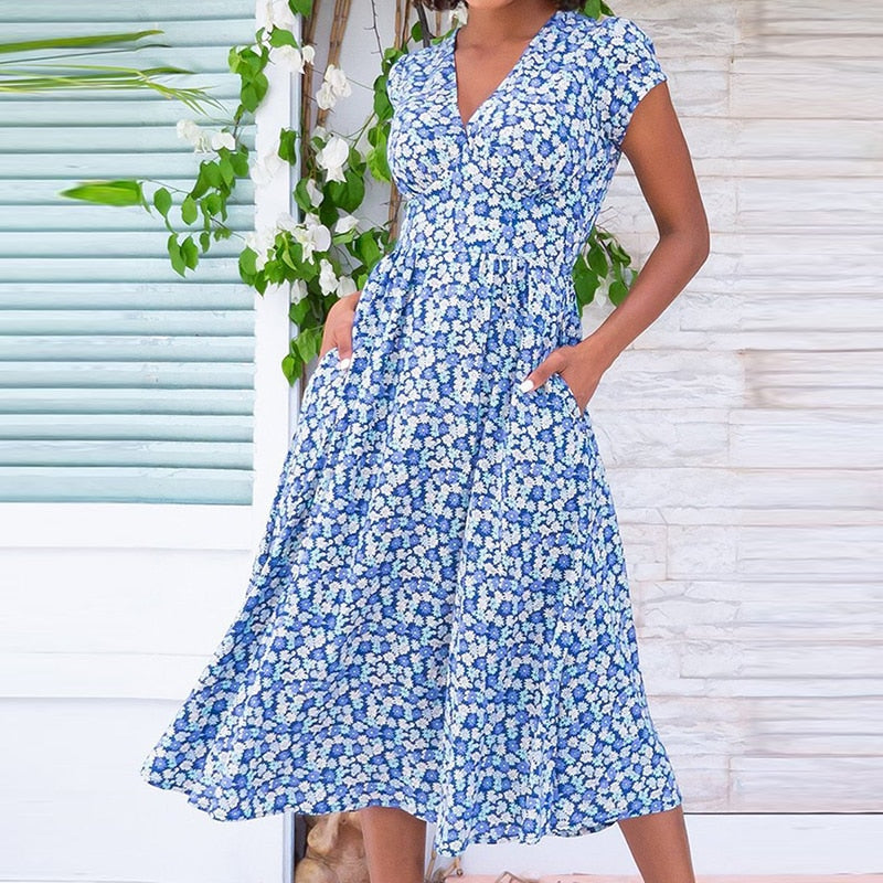 Printed Pocket Boho V-Neck Dress