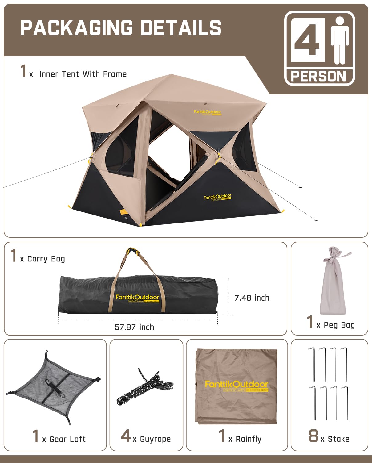 FanttikOutdoor Alpha C4 Ultra Camping Tent 4 Person Pop Up Instant Cabin Setup in 60 Seconds Portable Hub Tent with Rainfly & Windproof for Outdoor Camping & Overlanding