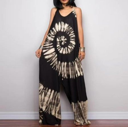 Fashionable long goddess print sleeveless loose jumpsuit