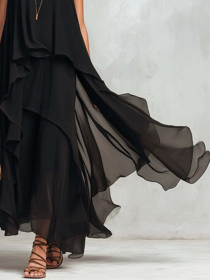 Chiffon Long Dress | Black, Sleeveless, A-line