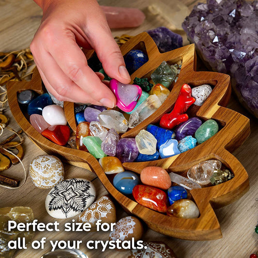 Full Of Crystal Stone Lotus Shape Tray Display Storage Box Pine Wood Handicraft Ornaments