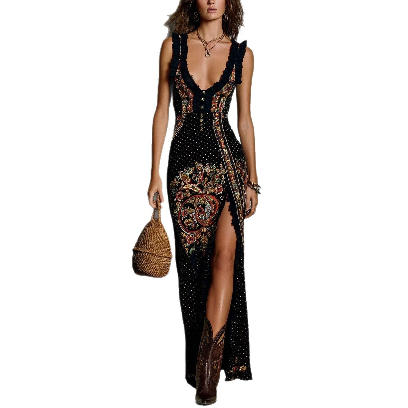 Elastic Polyester Long Dress | Black, Sleeveless, V-neck