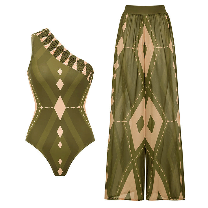 Geometric Print Halter Backless One-Piece Swimsuit Set for Women