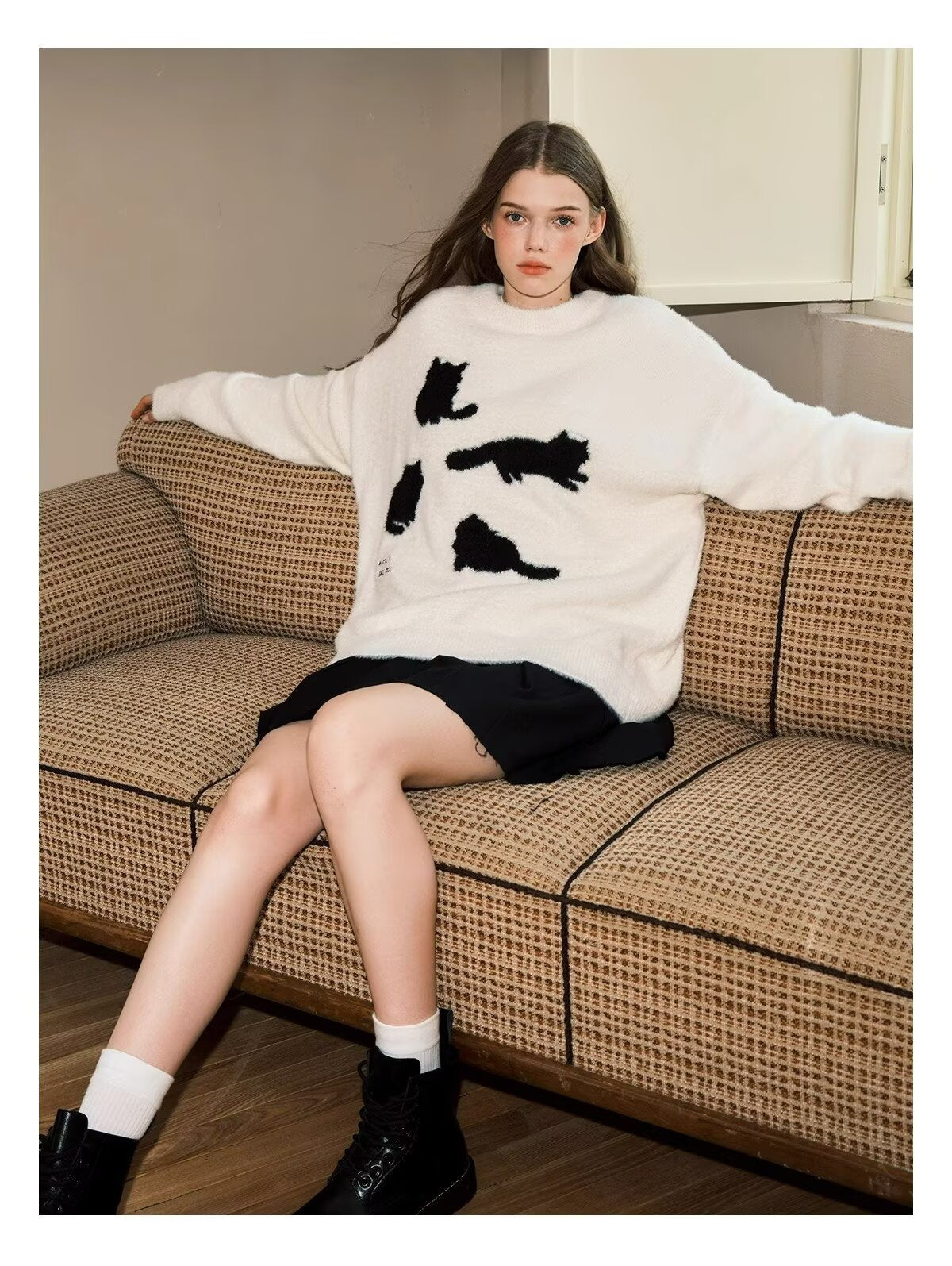 Acrylic Cat Silhouette Sweater | Apricot, Black, M-3XL