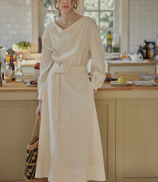 Bamboo Texture Linen Waist-Cinching Slim Fit Long Dress