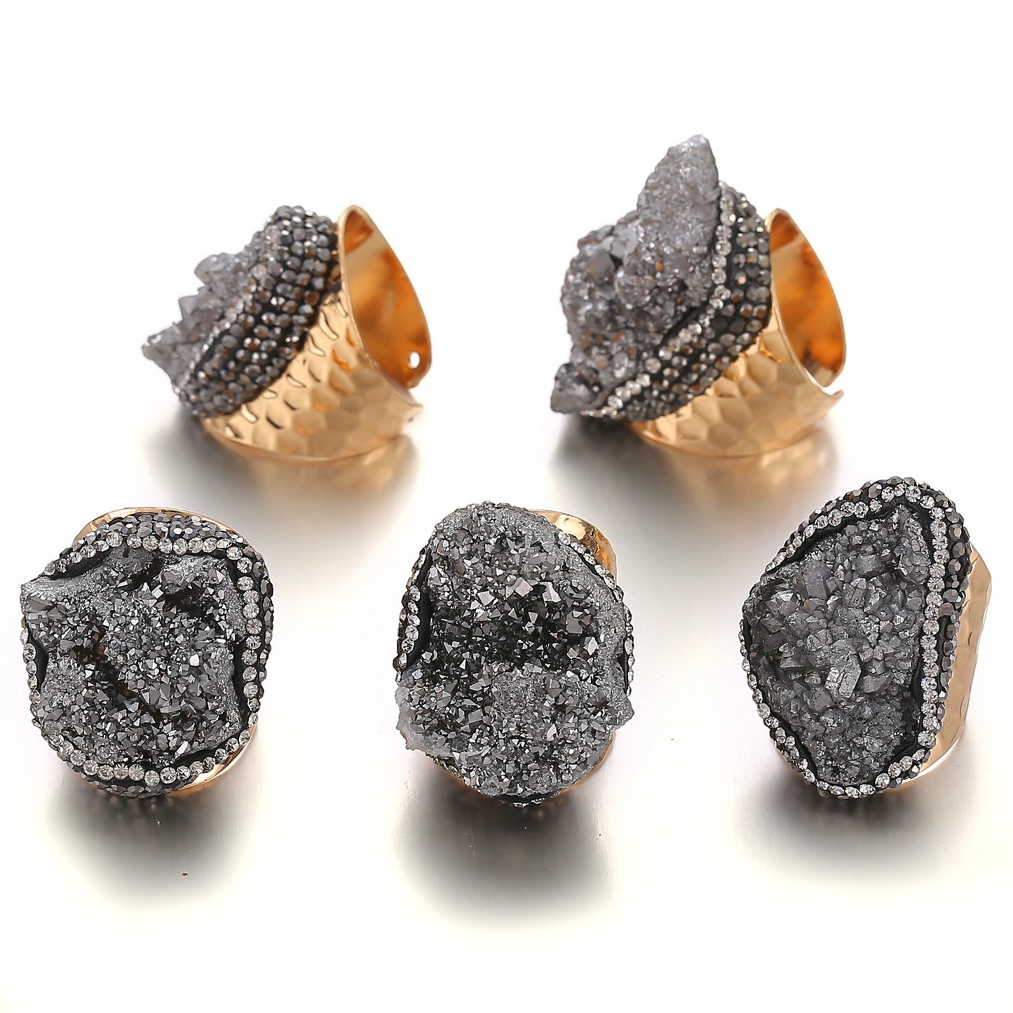 Irregular natural crystal cluster ring, original stone crystal set with diamonds, natural stone gold-plated handmade jewelry