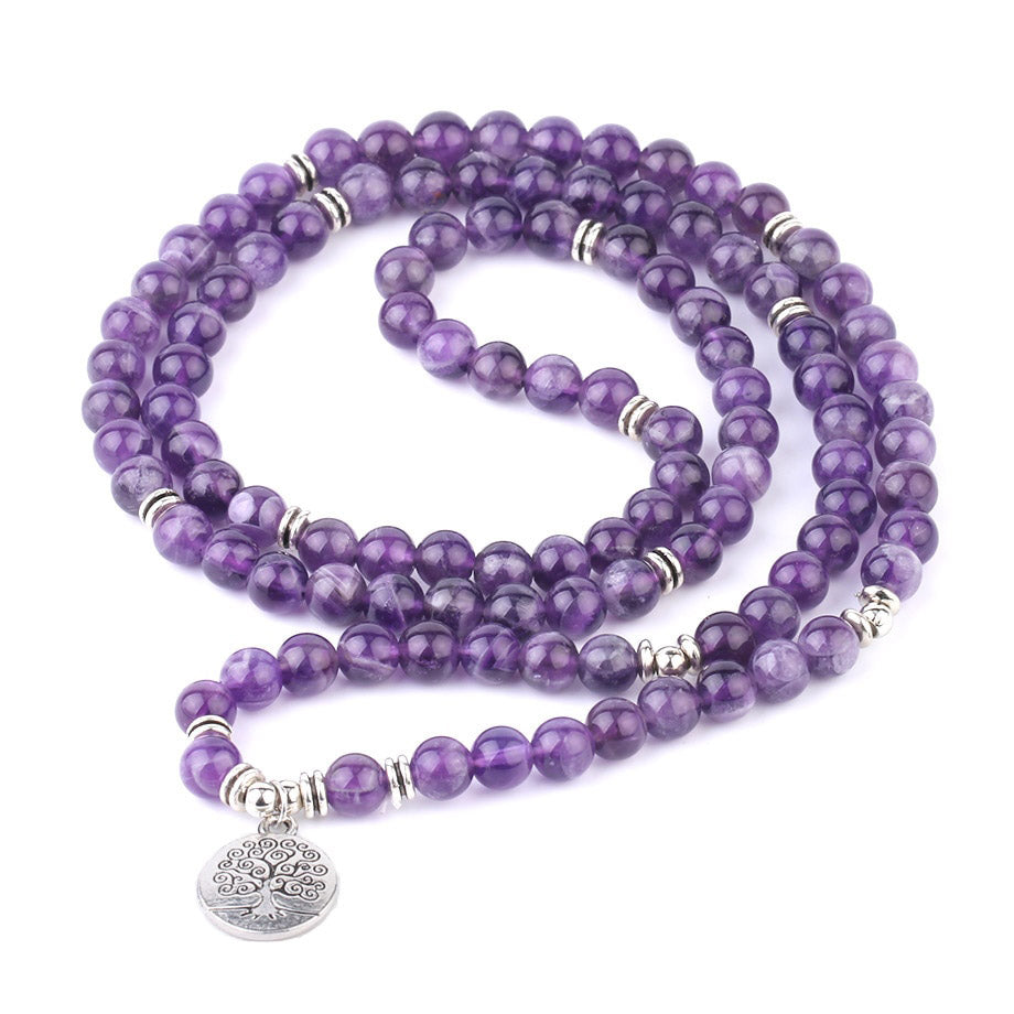 Natural Stone Healing Bracelet | Purple Crystal, 108 Mala Beads