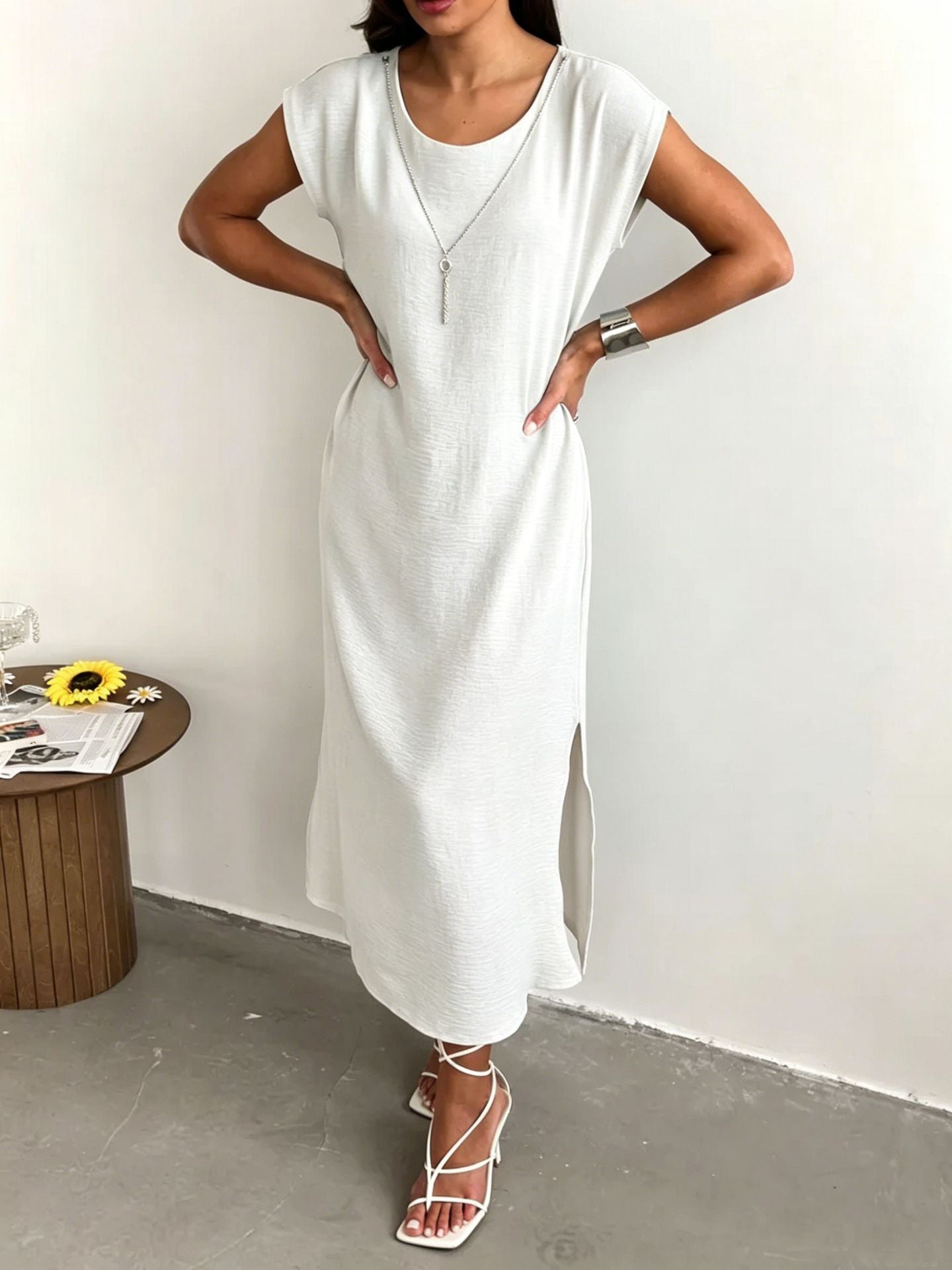 Polyester Sleeveless Slim Fit Dress | White, Black, Blue