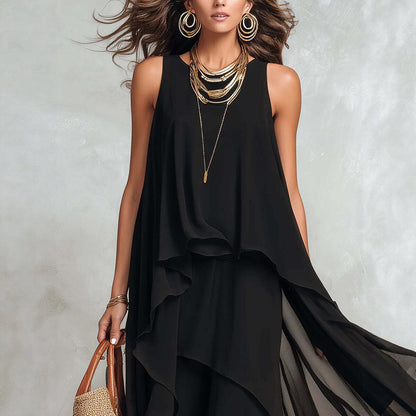 Chiffon Long Dress | Black, Sleeveless, A-line