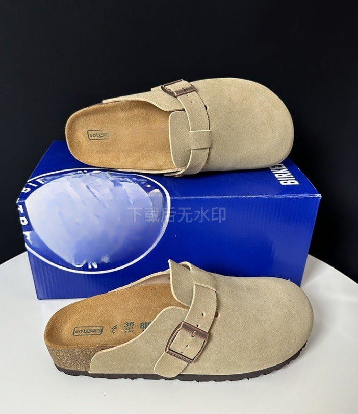 Genuine Leather Sandals | Round Toe, Black Buckle