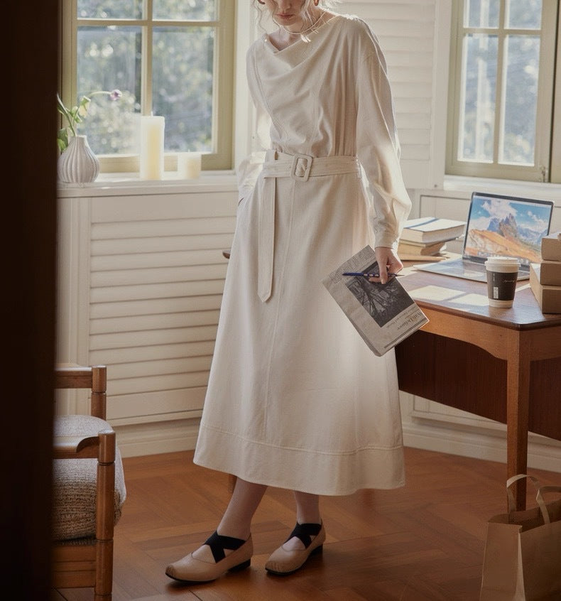 Linen Dress | Bamboo Texture, Beige, Mid-Length