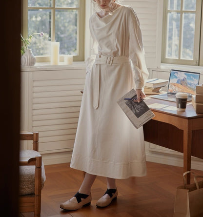 Linen Dress | Bamboo Texture, Beige, Mid-Length