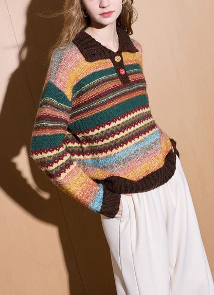 Polyester Knit Sweater | Cream, Rainbow Stripe, Polo Collar