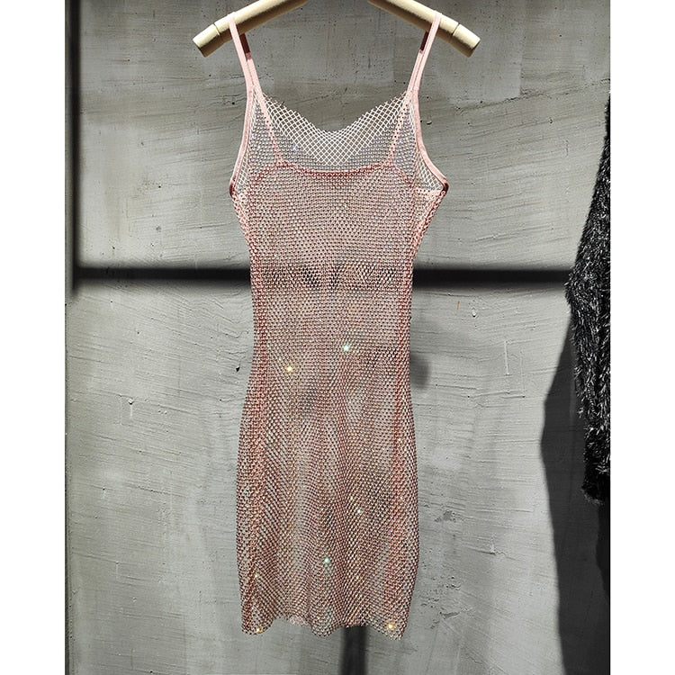 Bungee Sexy Slim Slim Women's Summer New Bright Diamond Crystal Temperament Bag Hip Sling Mid-length Dress Fashion Trend