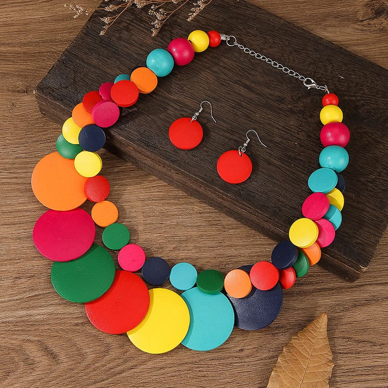 Wood Necklace Earrings Set | Big Colorful, Boho Style