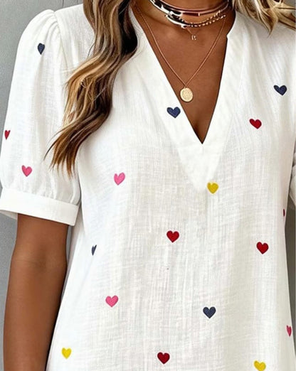 Linen-Cotton Dress | V-Neck, Love Heart Print, Mid-Length