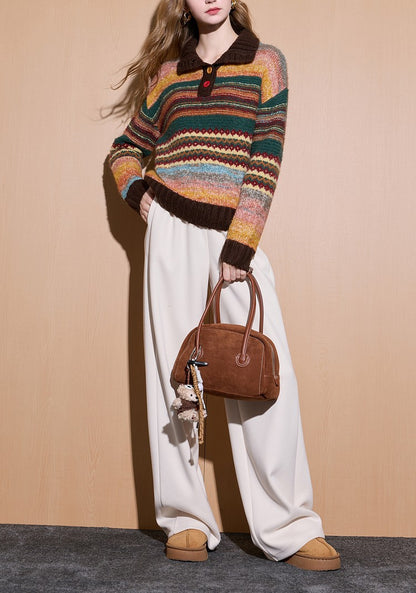 Polyester Knit Sweater | Cream, Rainbow Stripe, Polo Collar