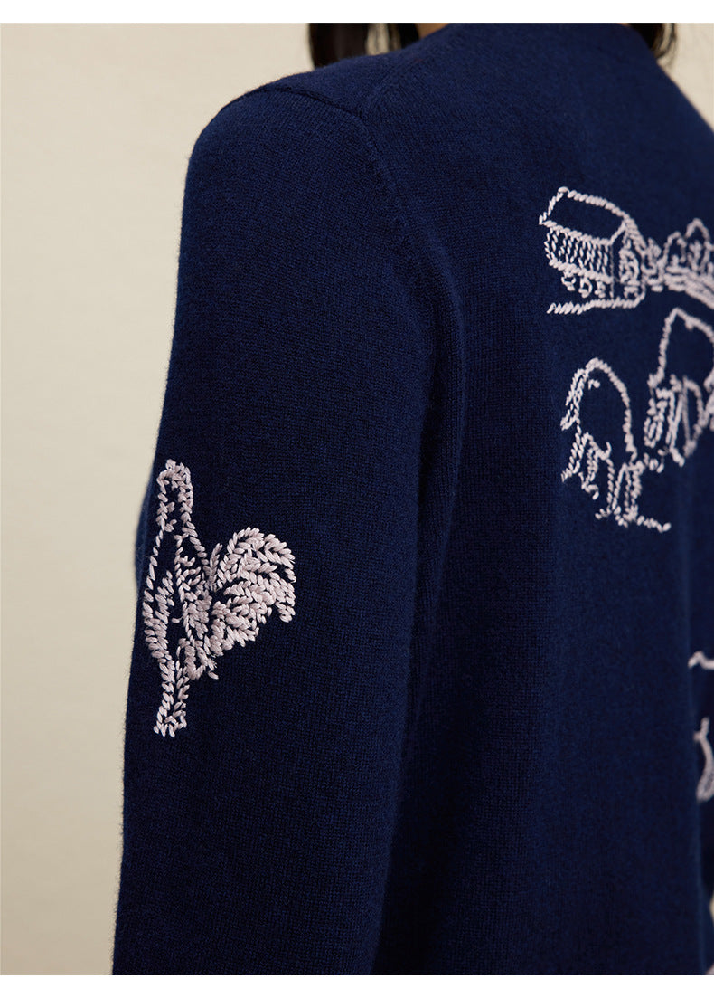 Wool Embroidered Cardigan Sweater | Gray, Dark Blue