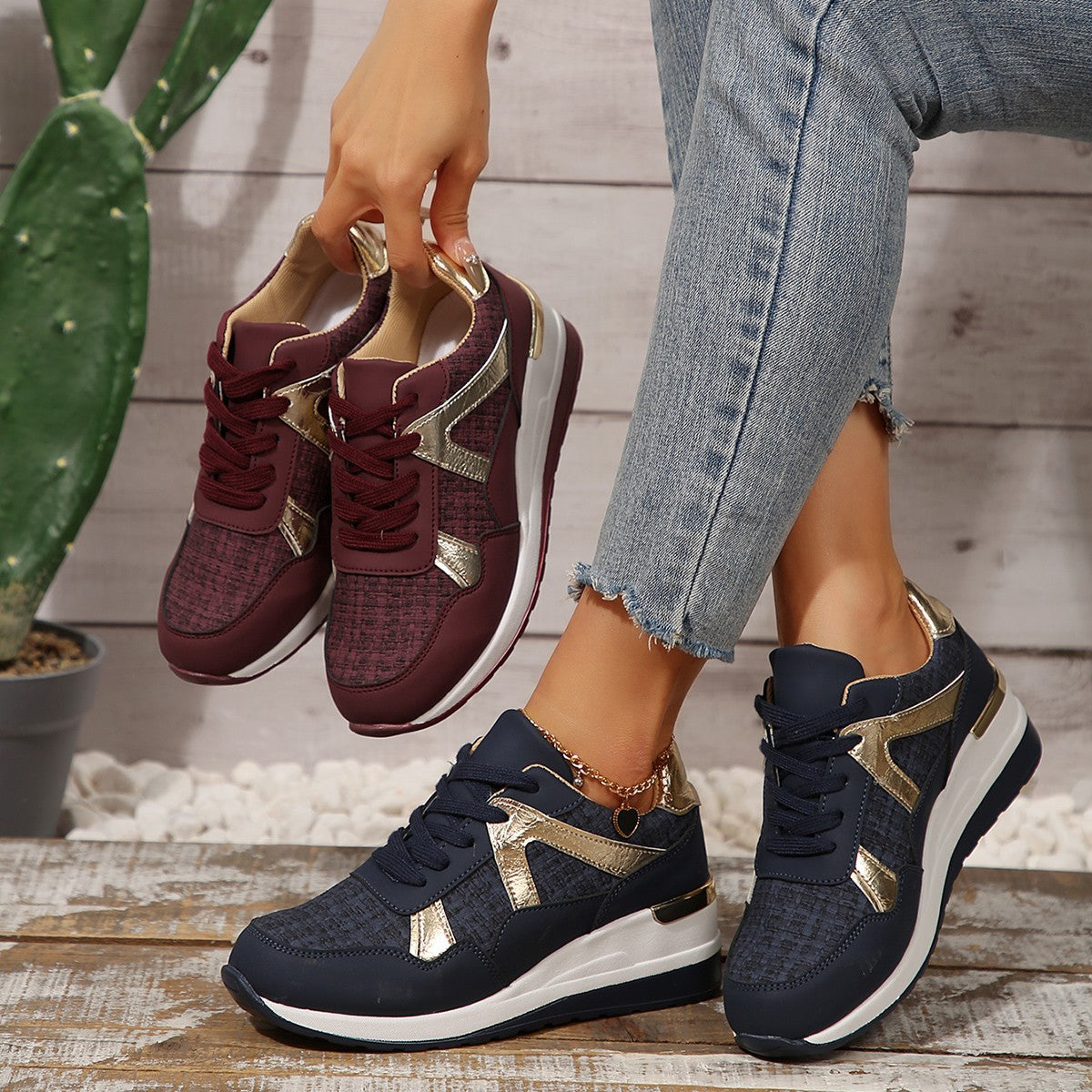 PU Round Toe Retro Sports Shoes | Casual, Thick Sole