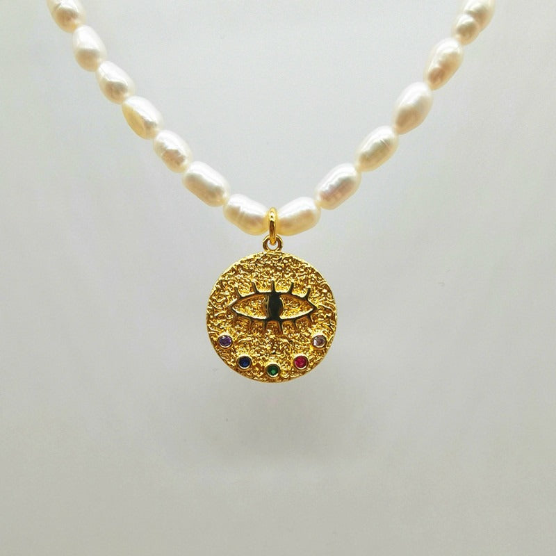 Devil's Eye Inlaid Zircon Freshwater Pearl Necklace Female Trendy Crystal Beads Collarbone Chaine