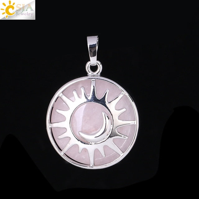 CSJA Sun & Moon Pendant Reiki Healing Natural Stone Purple White Crystal Quartz Beads for Jewelry Making Necklace