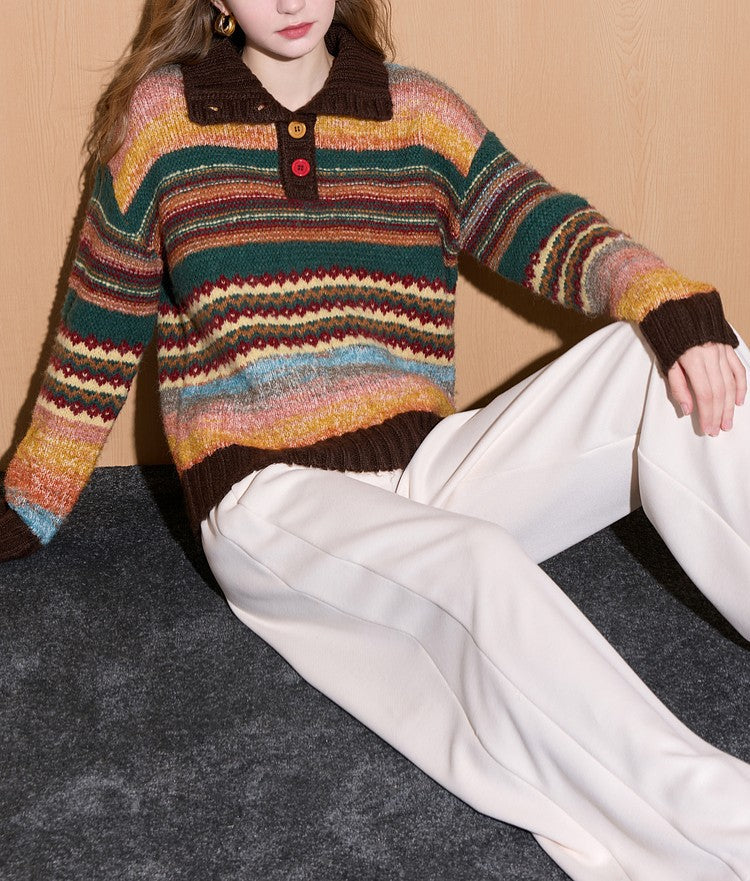 Polyester Knit Sweater | Cream, Rainbow Stripe, Polo Collar