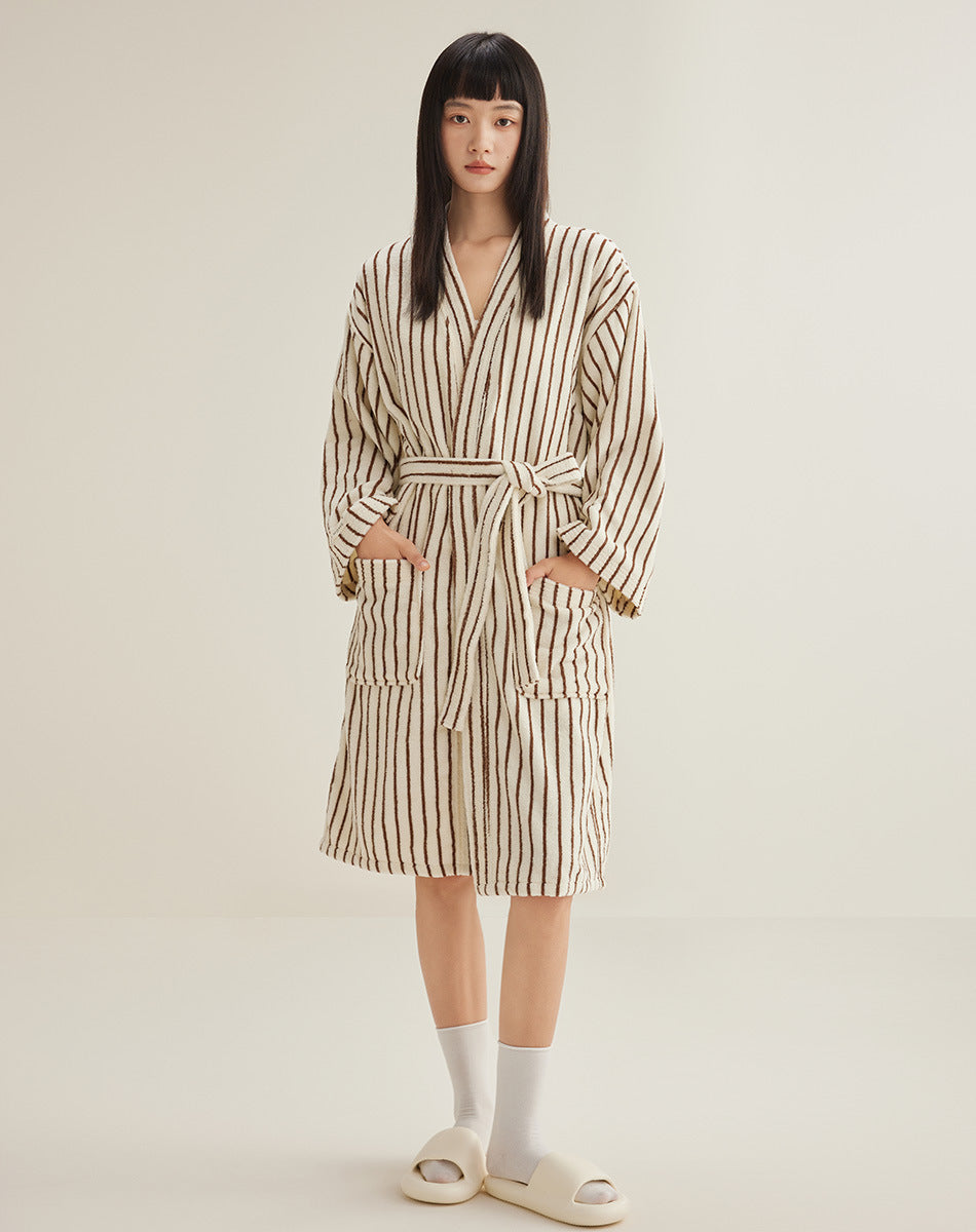 Cotton Terrycloth Bathrobe | Striped, Blue & White, S-XL