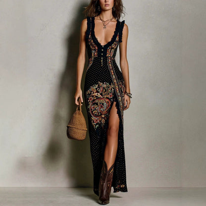 Elastic Polyester Long Dress | Black, Sleeveless, V-neck