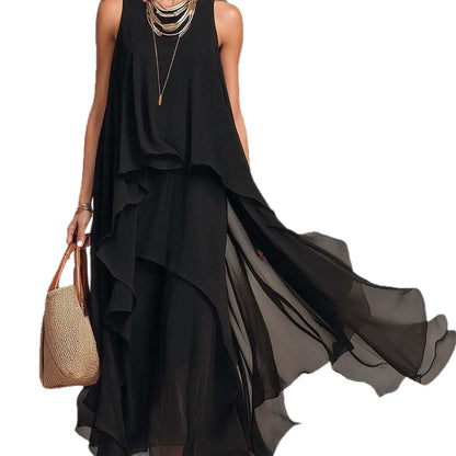 Chiffon Long Dress | Black, Sleeveless, A-line