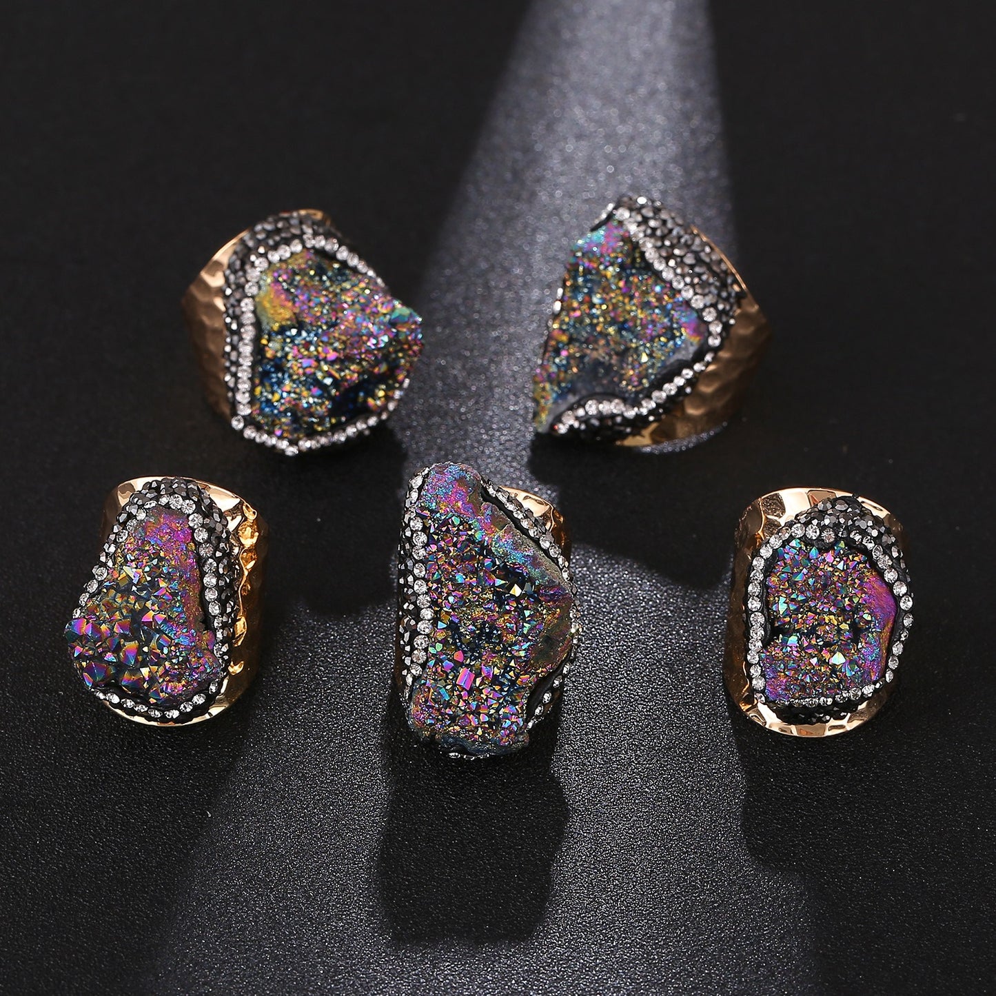Irregular natural crystal cluster ring, original stone crystal set with diamonds, natural stone gold-plated handmade jewelry
