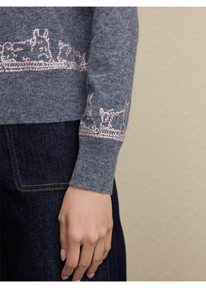 Wool Embroidered Cardigan Sweater | Gray, Dark Blue