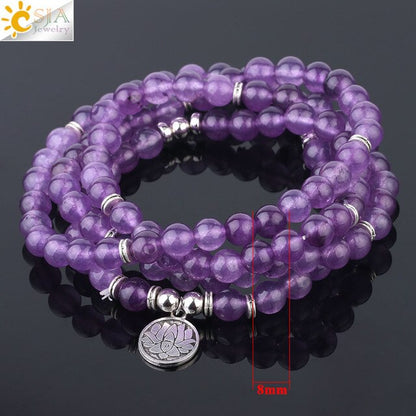 Natural Stone Healing Bracelet | Purple Crystal, 108 Mala Beads