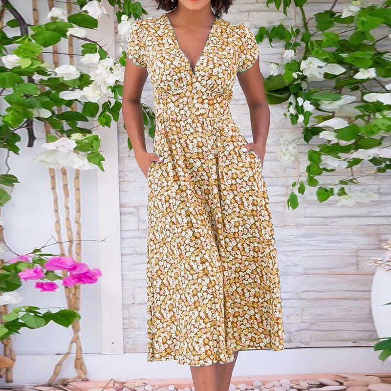 Printed Pocket Boho V-Neck Dress
