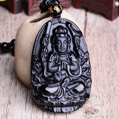 Black Obsidian Pendant Necklace | Six Stars Lucky Amulet