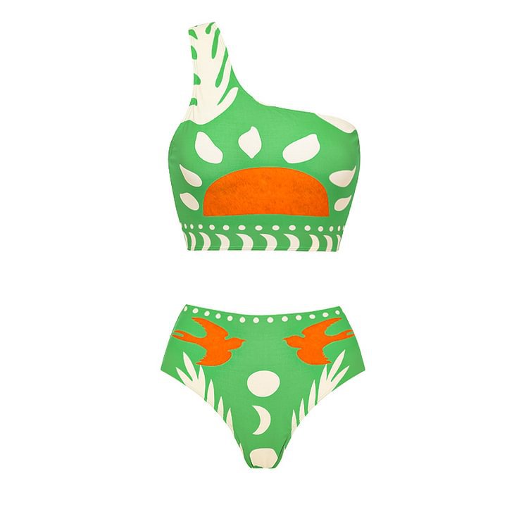 Print Slimming Bikini Swimwear for Women, High-Waisted Two-Piece Set,