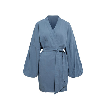 Cotton Bathrobe | Short Length, Off-white & Blue