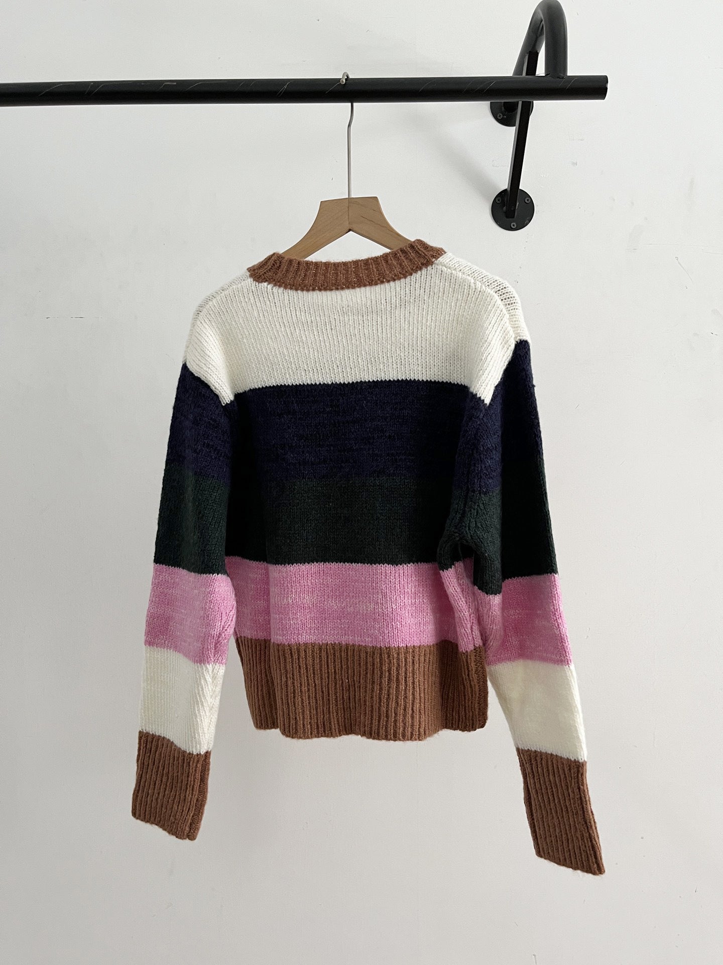 Cotton Round Neck Sweater | Pink & Navy, Loose Fit