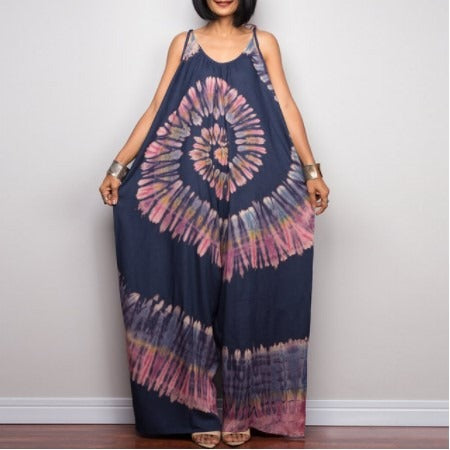 Fashionable long goddess print sleeveless loose jumpsuit
