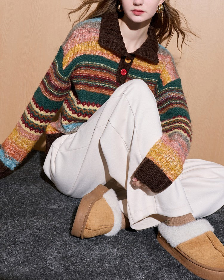 Polyester Knit Sweater | Cream, Rainbow Stripe, Polo Collar