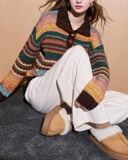 Polyester Knit Sweater | Cream, Rainbow Stripe, Polo Collar