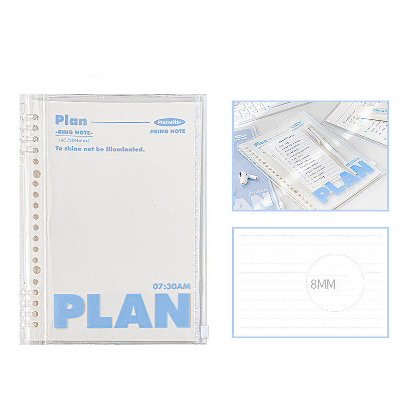 Can Store A5 Spiral Notebook PVC Cover White and Blue, Slim Loose-Leaf Journal, Portable