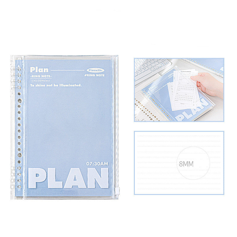 Can Store A5 Spiral Notebook PVC Cover White and Blue, Slim Loose-Leaf Journal, Portable