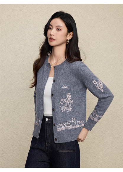 Wool Embroidered Cardigan Sweater | Gray, Dark Blue